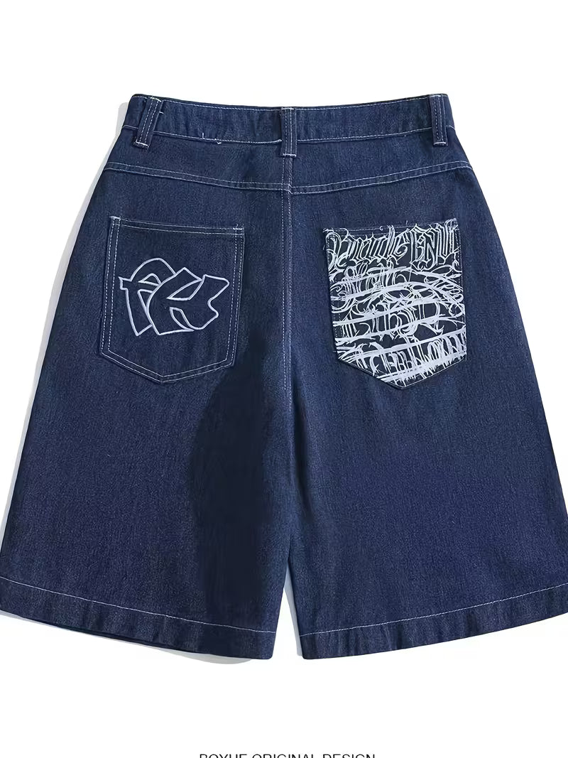 SkeaTech Vintage Embroidered Denim Shorts – Wide Leg