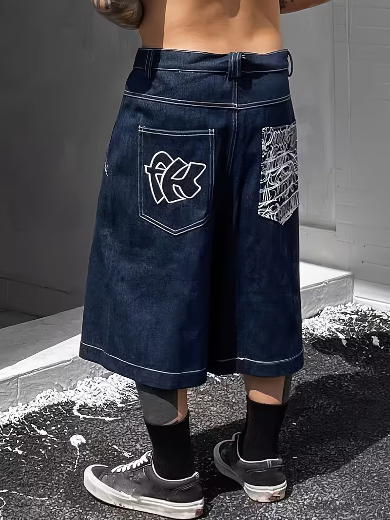 SkeaTech Vintage Embroidered Denim Shorts – Wide Leg